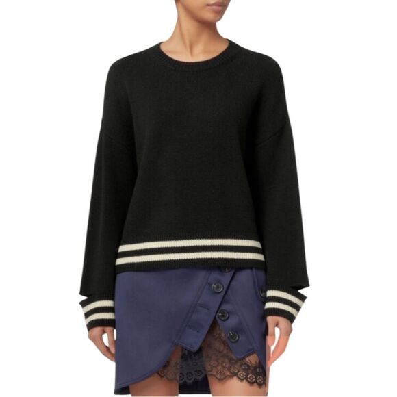 Intermix Bowie  Stripe Cropped Knit Top Women's Black Sweater with White Stripes - Picture 1 of 10